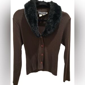 Monica Biano Milano ribbed brown cardigan faux fur size s